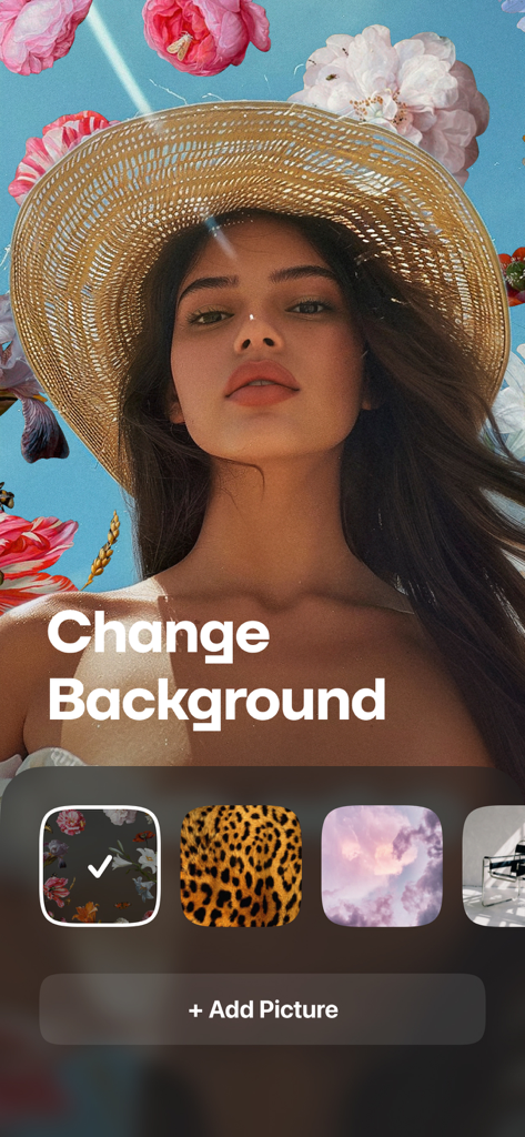 Uplens: Photo & Video Editor - A person in a sun hat using the Uplens app to change a photo background to a floral pattern