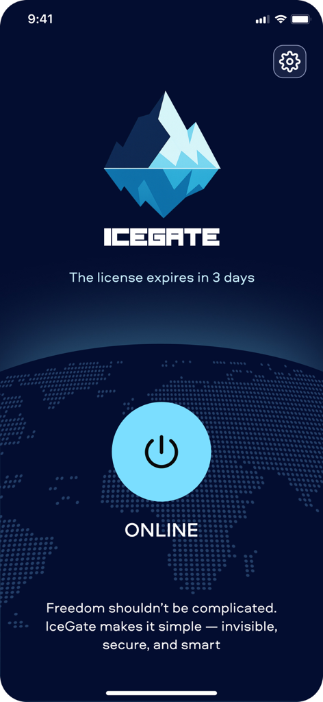 Icegate VPN: Private & Secure - Icegate VPN main app screen showing the iceberg logo and online connection status
