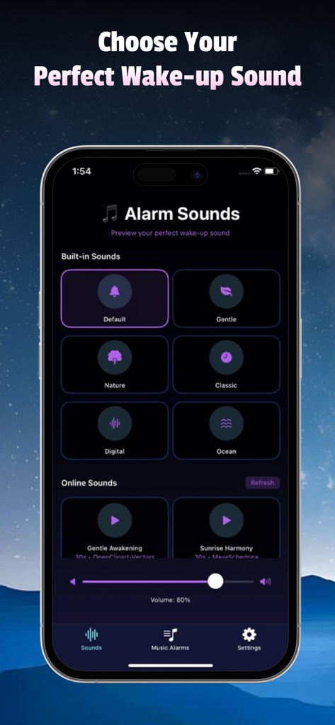 Pantalla de selección de sonido de alarma de la aplicación Music Bar con opciones como sonidos de naturaleza, océano y despertar suave