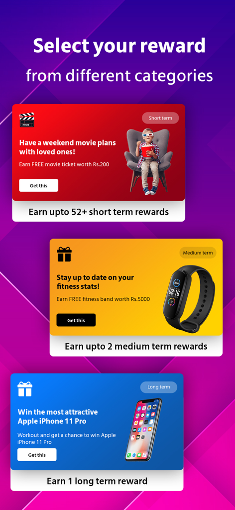 Growfitter - Growfitter app screen displaying reward tiers for movie tickets, fitness bands, and iPhones.