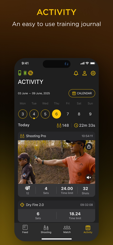 Drills: Shooting Training app - Activity screen of the Drills app showing a shooting training journal with session videos and performance statistics