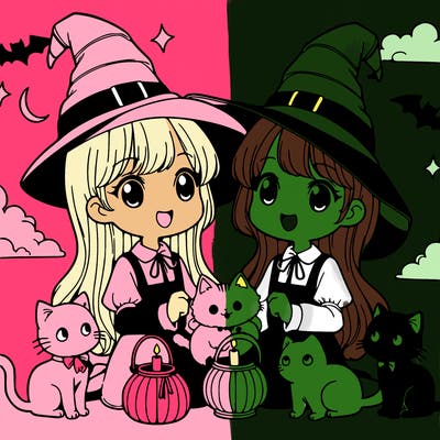 two witches with cats