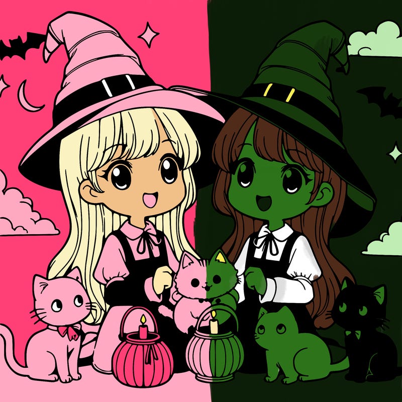 two witches with cats
