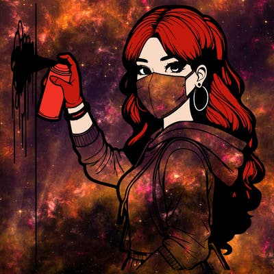 realistic girl with mask spray painting a wall