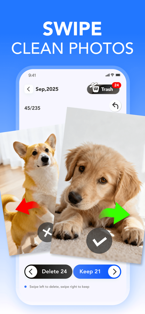 Mobile app screen showing a swipe-to-delete or keep photo organization tool