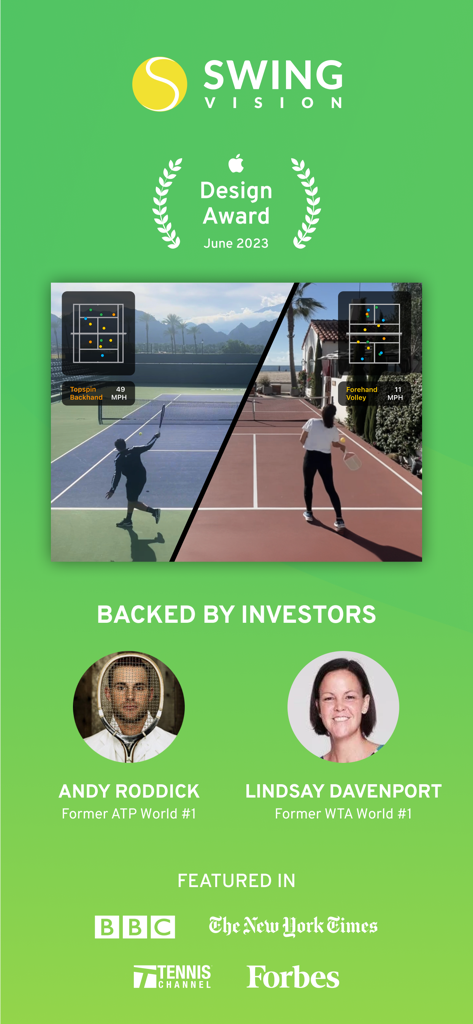 SwingVision: Tennis Pickleball - Marketing graphic for SwingVision app showing Apple Design Award AI stats for tennis and pickleball and endorsements from professional players