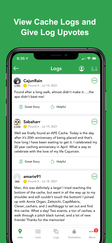 Cachly - Geocaching - Cachly app interface showing geocaching logs and community upvote options