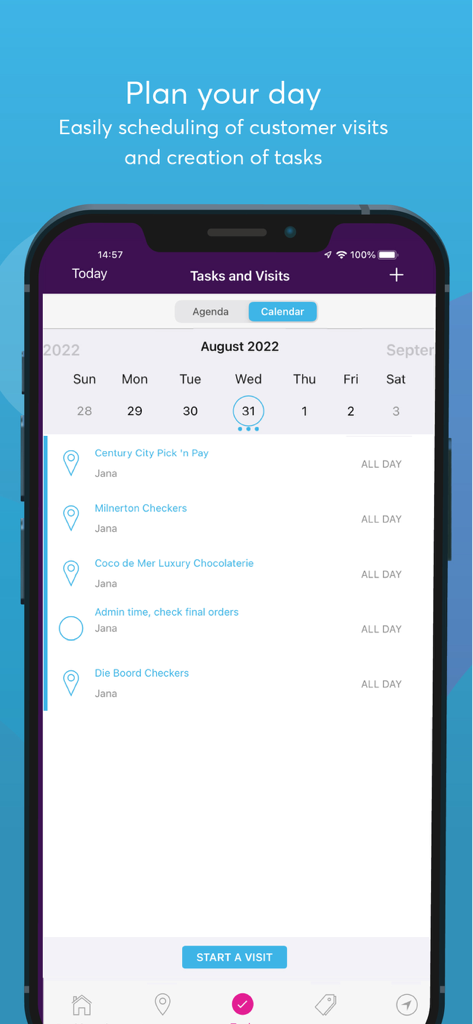 Skynamo - Interfaz de la aplicación móvil Skynamo que muestra un horario diario de visitas a clientes y tareas de ventas de campo