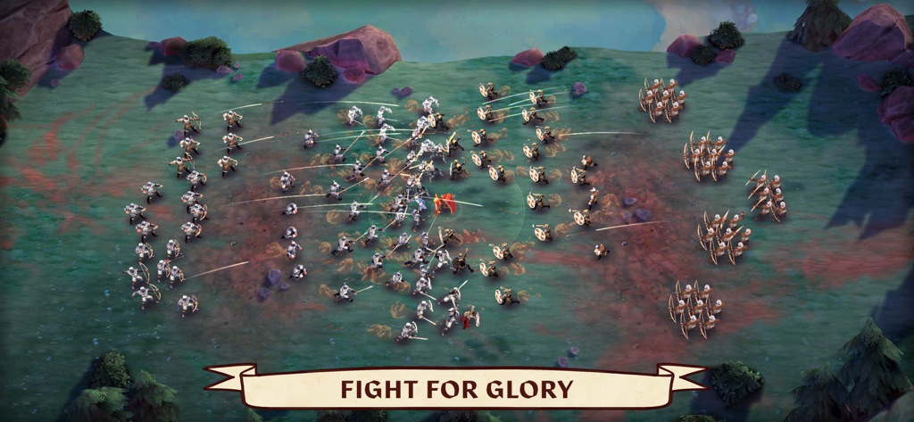 Dawn of Ages: total war battle - Una batalla medieval táctica a gran escala entre dos ejércitos en un campo verde.