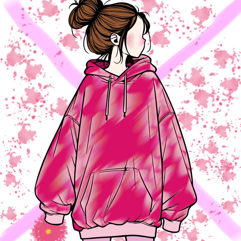realistic girl with a oversized sweatshirt on and a bun