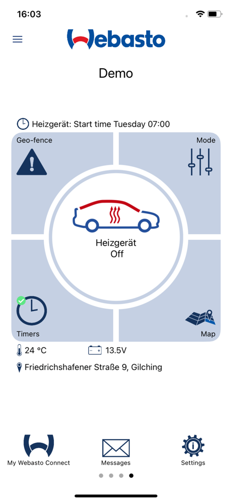 ThermoConnect app dashboard showing vehicle heater status, cockpit temperature, battery voltage, and GPS location.