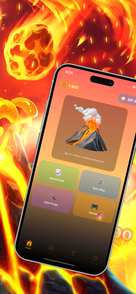 Volcano Vault: Erupting Riches - Menú principal de la aplicación Volcano Vault con un volcán en erupción y botones de tesoro