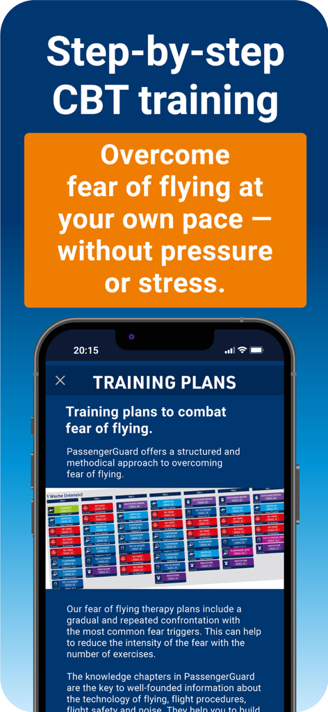 PassengerGuard: Fear of Flying - Captura de pantalla de la aplicación PassengerGuard que muestra un plan de entrenamiento de TCC paso a paso para superar el miedo a volar a tu propio ritmo.