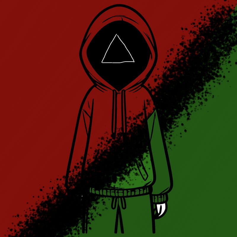 faceless girl in a tracksuit with a hood on and no hair