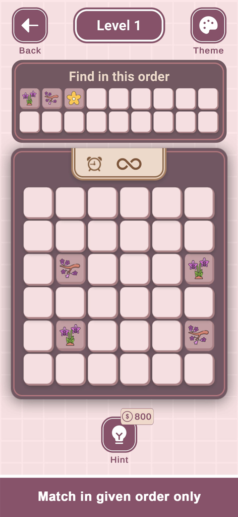 Mobile game interface showing the Match In Order mode with a tile grid and flower icons to match in sequence