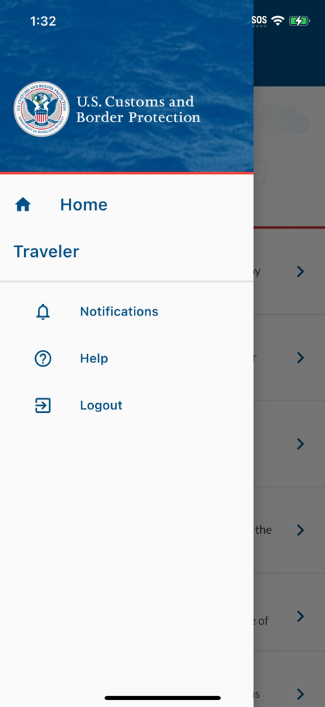 Seitennavigationsmenü der CBP Link Mobile App mit den Optionen Home, Traveler, Notifications, Help und Logout.