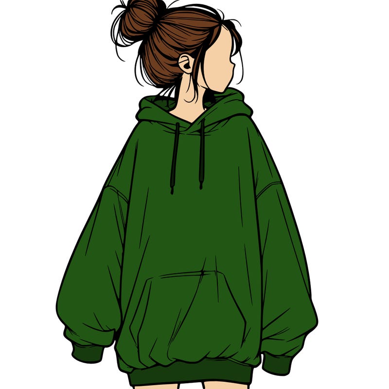 realistic girl with a oversized sweatshirt on and a bun