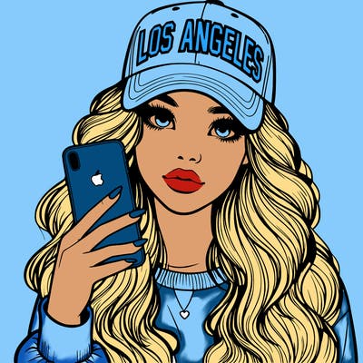 realistic beautiful girl wearing los ángeles cap holding an iphone