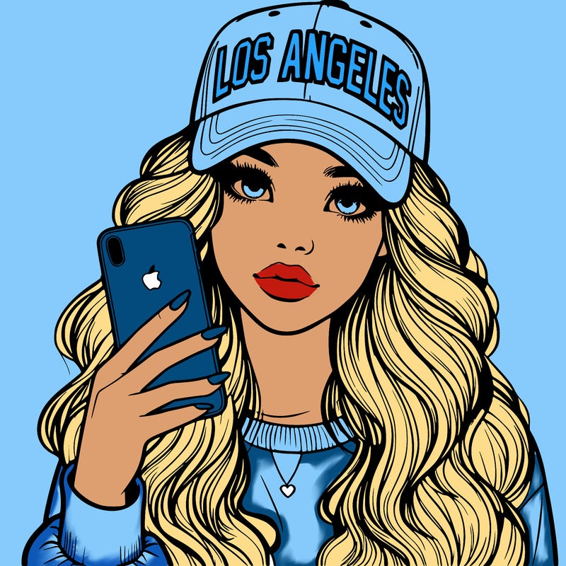 realistic beautiful girl wearing los ángeles cap holding an iphone