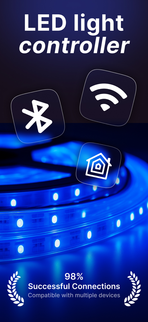 LED light controller app showing bluetooth and wifi connectivity icons with blue led strips
