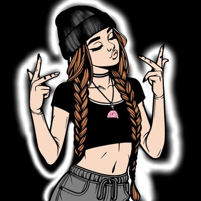 realistic teenage girl with braids and a beanie and crop top doing 🫶🏼