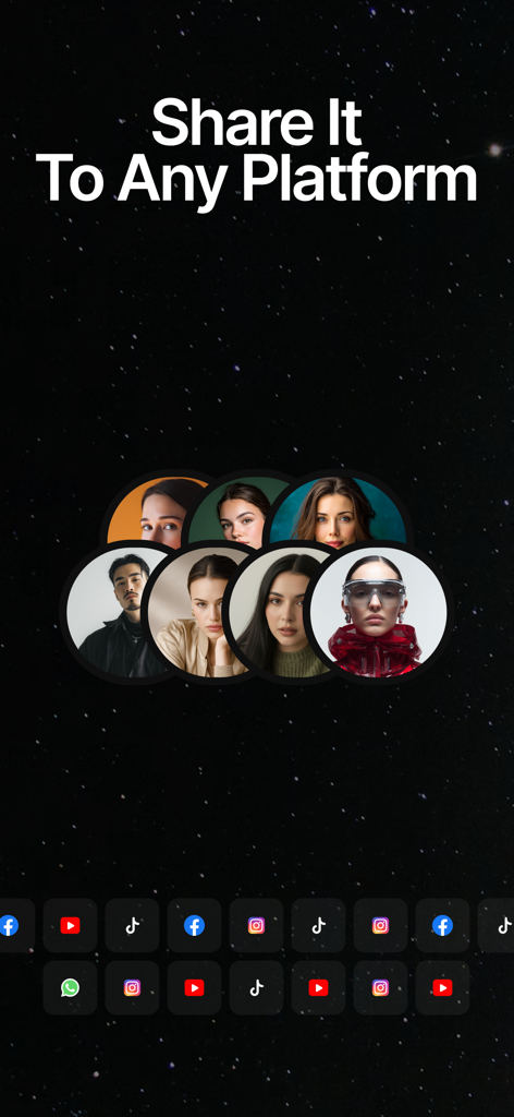 ImagineArt app interface showing AI generated portraits and social media icons for sharing content to TikTok Instagram and YouTube