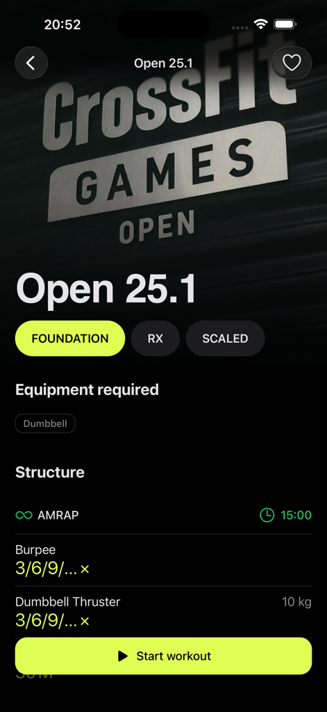 TopWOD : CrossFit Tracker - Schermata dell'app TopWOD che mostra un allenamento del CrossFit Games Open con struttura AMRAP e dettagli degli esercizi