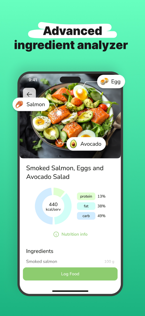 Eatr: Tasty Cooking Recipes - Interface do aplicativo Eatr mostrando um analisador de ingredientes com macros nutricionais para uma salada de salmão defumado e abacate