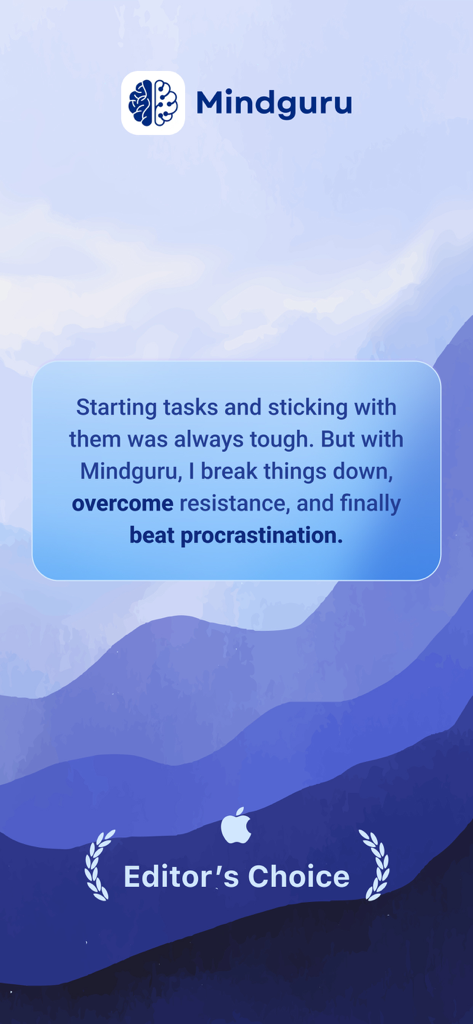 Mindguru Life - Pantalla de la aplicación Mindguru Life que presenta un testimonio sobre cómo superar la procrastinación y una insignia de Selección del Editor.