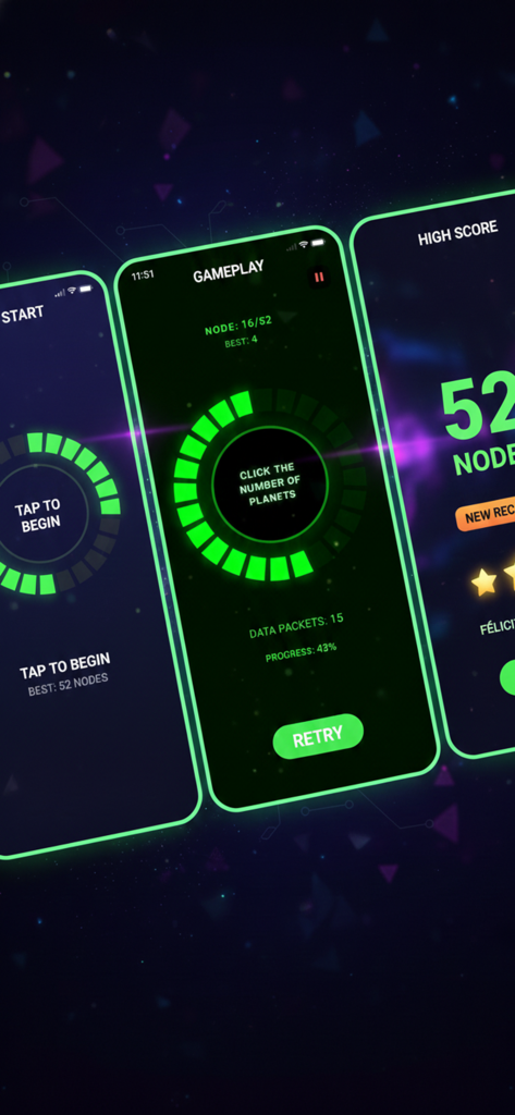 Press Under Pressure! - Three mobile screens of Press Under Pressure showing the neon start interface, gameplay challenges, and high scores.