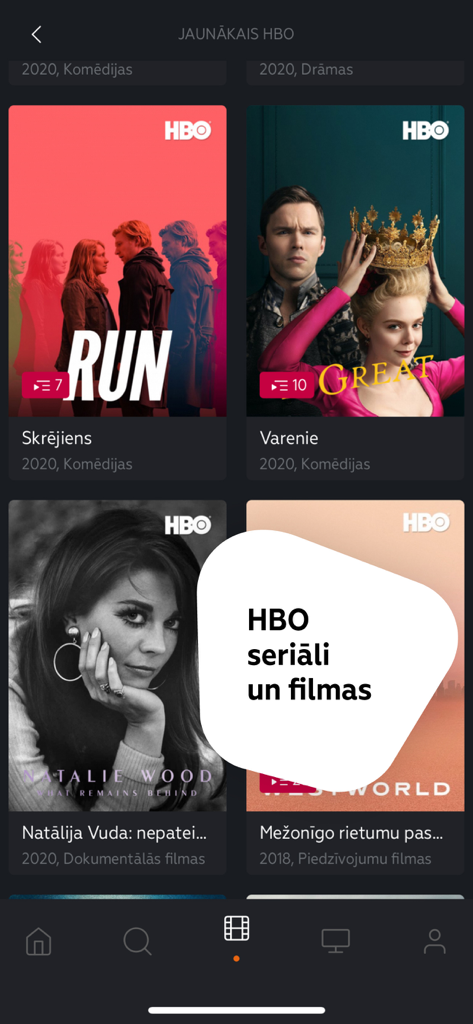LMT Viedtelevīzija - LMT Viedtelevizija app interface showing HBO series and movies including Run and Westworld