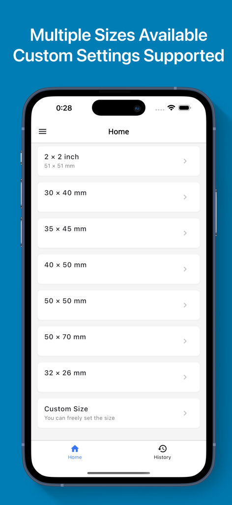 Passport Photo-ID Photo Snap - Interfaz de la aplicación Foto Carnet mostrando varias opciones de tamaño de foto y una configuración de tamaño personalizado
