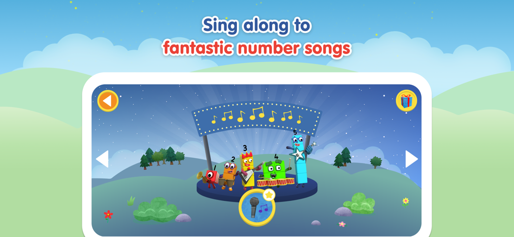 Numberblocks World - Personajes de Numberblocks actuando como una banda musical en un escenario para una experiencia interactiva de canto.