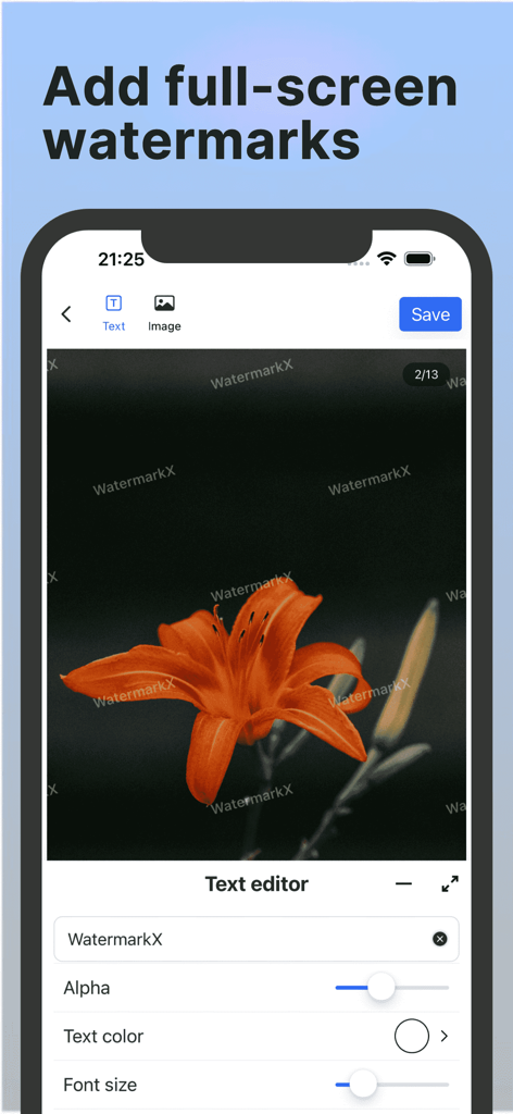 WatermarkX - Markup photos app - Interfaz de la aplicación WatermarkX para añadir marcas de agua de texto a pantalla completa en fotos.