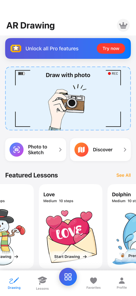 AR Drawing: Trace to Sketch - Pantalla de inicio de la aplicación AR Drawing que muestra lecciones de dibujo destacadas y opciones de foto a boceto.
