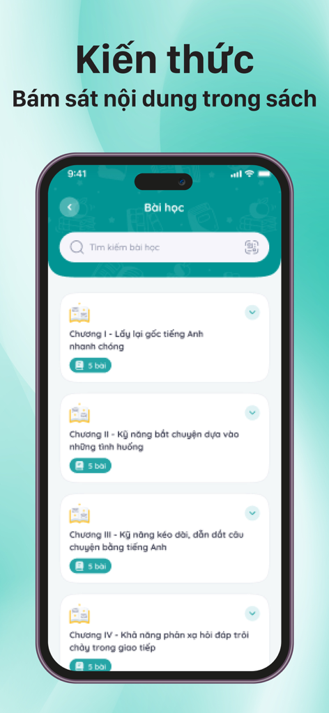 TKBooks - TKBooksアプリのインターフェース、ベトナム語の教育章とレッスンのリストを表示