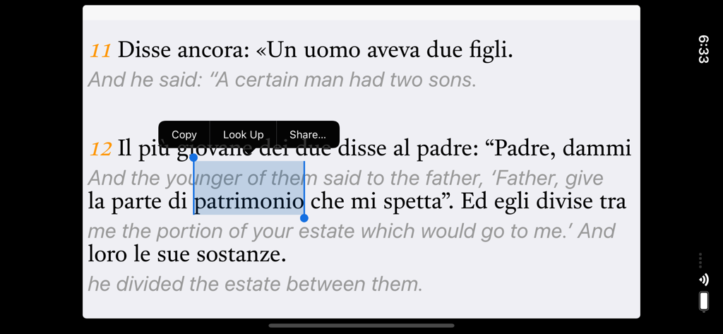 Italian-English Bible - Interlineare Ansicht der italienisch-englischen Bibel-App mit einem Textauswahlmenü über zweisprachigen Versen.