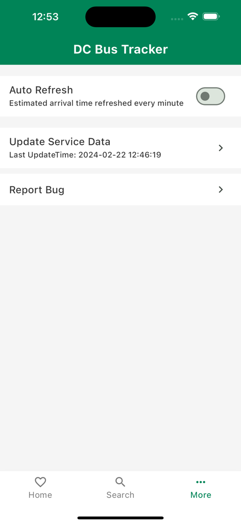 Settings menu of the DC Bus Tracker WMATA app showing options for auto refresh and service data updates.