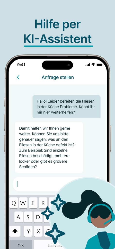 Screenshot der Mein Vonovia App, die eine KI-Chat-Oberfläche für Mietersupport und Wartungsanfragen zeigt.