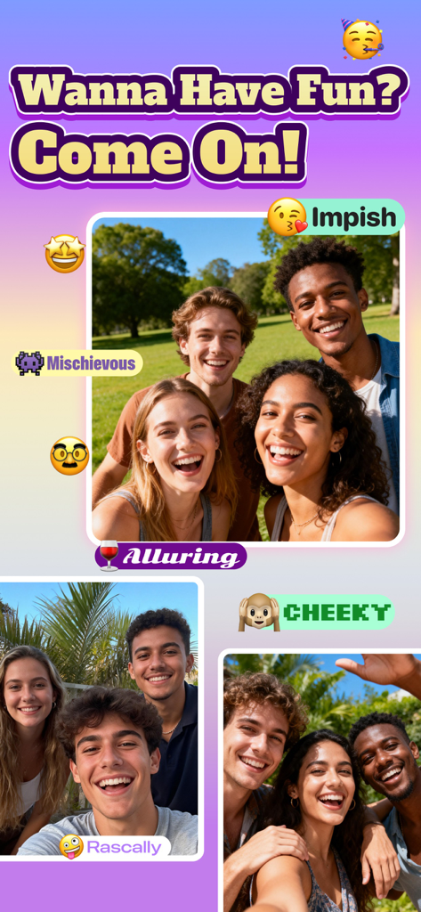 Grupo diverso de amigos sonriendo con etiquetas de personalidad en la app social Sona.
