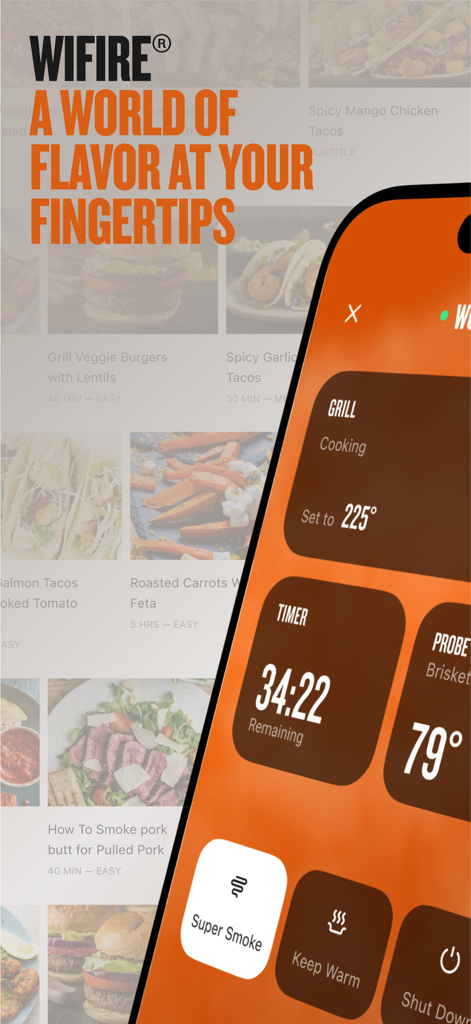 Traeger - Traeger app showing remote grill temperature controls and a library of recipes