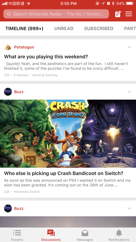 Interface de l'application Switch Forum montrant une chronologie des discussions communautaires sur les jeux Nintendo