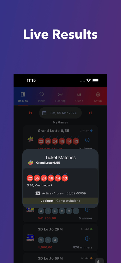PCSO Lotto Results Guide Live - グランドロト6/55のジャックポット当選チケットマッチを表示するモバイルアプリインターフェイス