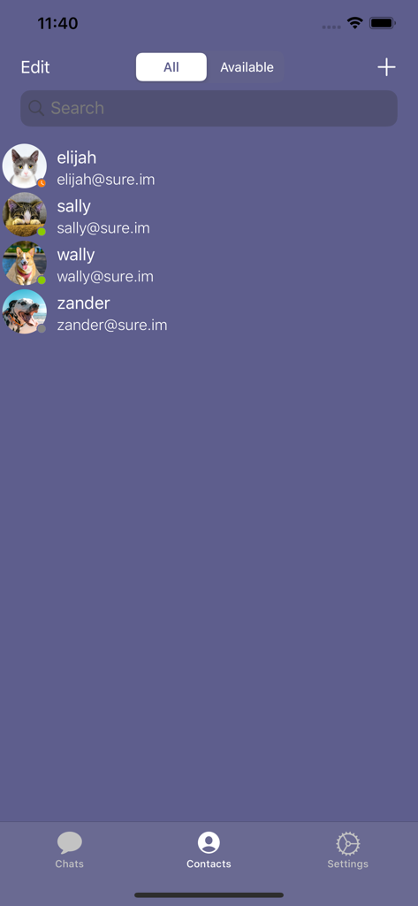 Siskin IM - Siskin IM contacts list displaying names and XMPP addresses with presence status
