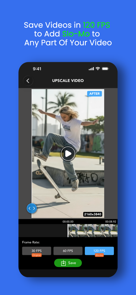 Interface of UpRes app showing a skateboarder video being upscaled to 4K resolution with an option to save at 120 FPS for slow motion.