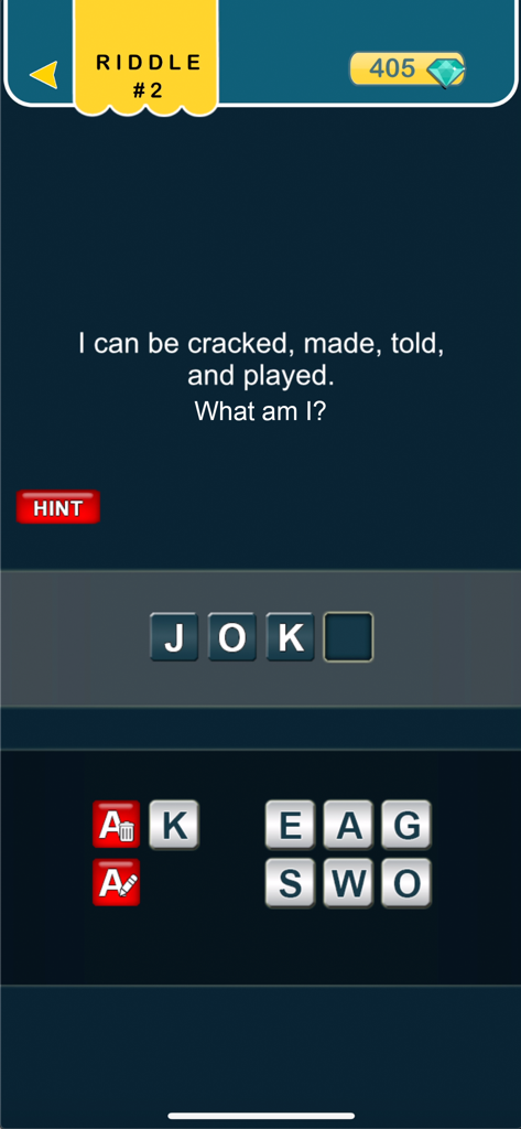 What am I? riddles - Word game - A mobile game interface showing a riddle about a joke with letter tiles to solve the puzzle