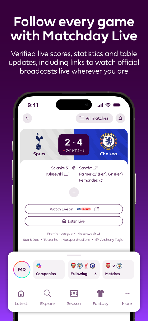 Premier League app interface showing Matchday Live scores and statistics for a Spurs vs Chelsea match.