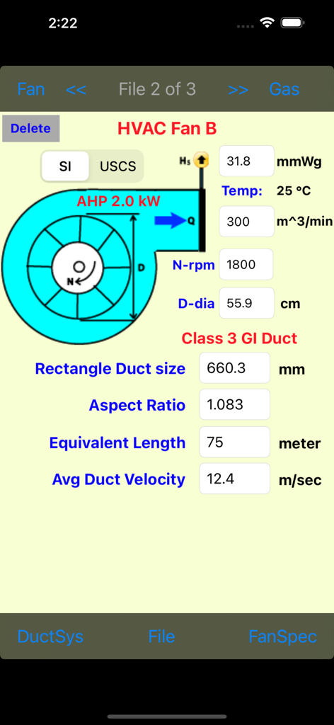 Fan Spec Performance - Interface showing HVAC fan performance characteristics and duct system specifications