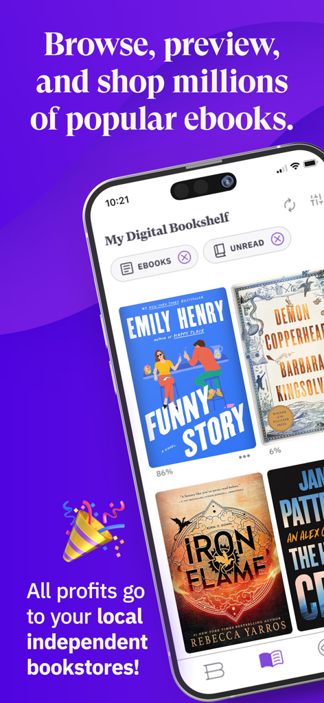Interface of the Bookshop.org Ebooks app displaying a digital bookshelf with popular ebook covers and a message about supporting local bookstores