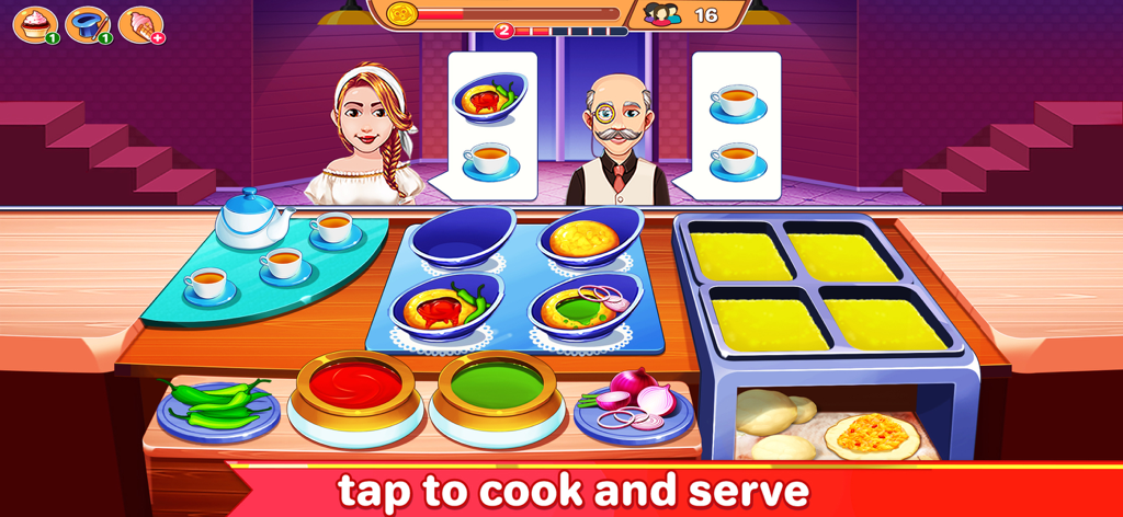 Indian Cooking Madness Games - Gameplay de Indian Cooking Madness mostrando a un chef sirviendo comida callejera india y té a los clientes